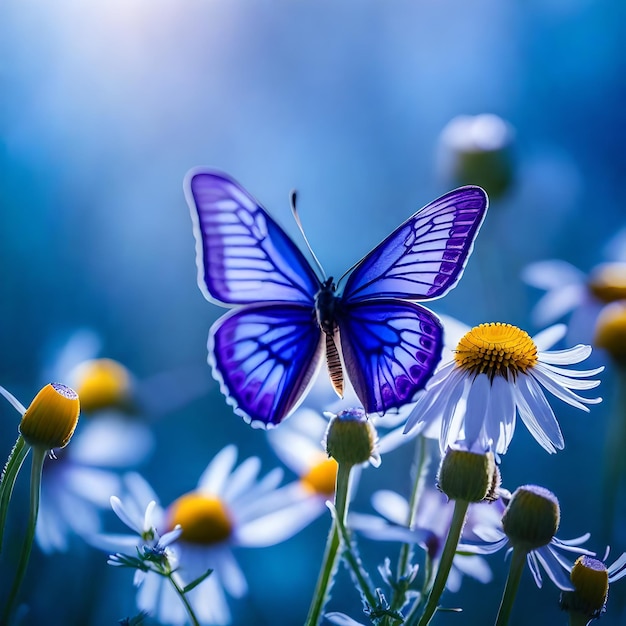 a butterfly is on a flower with the sun shining through the background