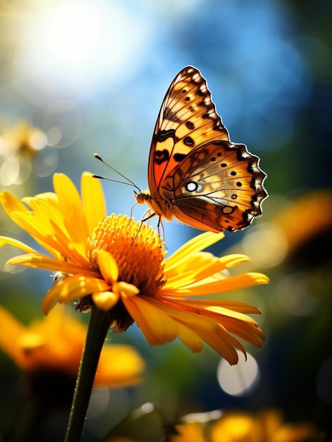 A butterfly is on a flower with the sun shining through the background