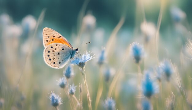 a butterfly is flying over a flower and the grass is blurred