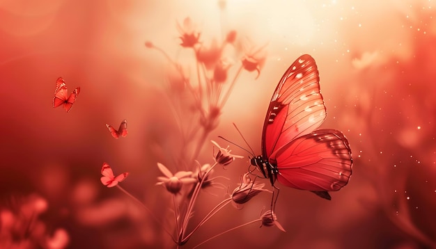 a butterfly is flying over flowers and the sun is behind