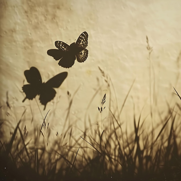 a butterfly is flying in the grass with the sun behind them