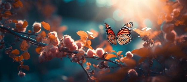 A butterfly is flying in the sky above a branch of flowers.