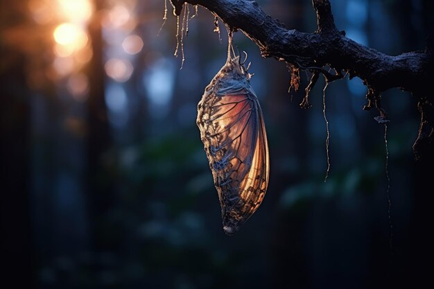 Photo a butterfly is hanging upside down on a tree branch