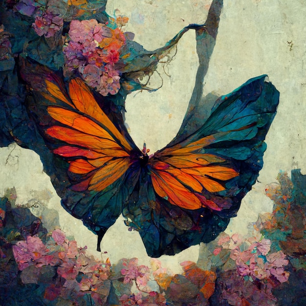 A butterfly is painted on a wall with flowers and the word butterfly on it.