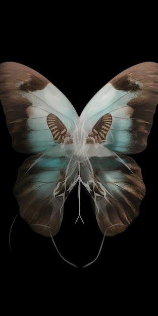 나비는 파란색과 갈색 날개로 칠해져 있습니다.