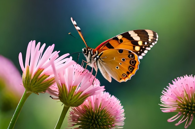 A butterfly is on a pink flower with the word butterfly on it