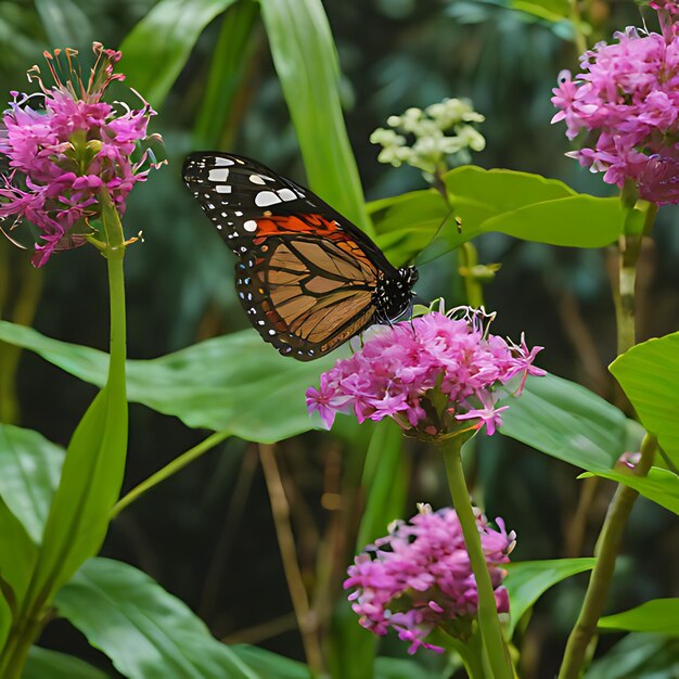 a butterfly is on a purple flower in the garden