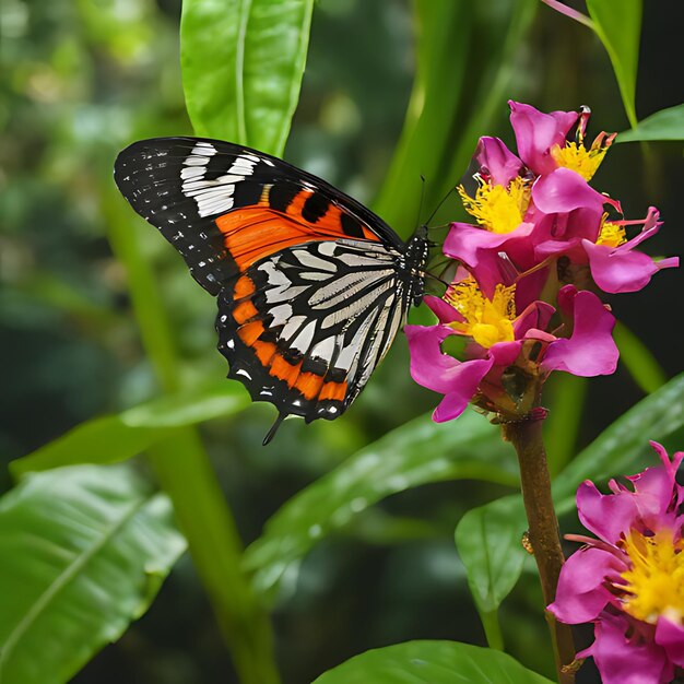 a butterfly is on a purple flower with a yellow and white butterfly