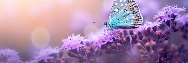 a butterfly is on purple flowers in the style of light yellow and skyblue