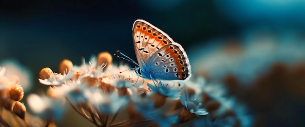 The butterfly is resting on a blue flower