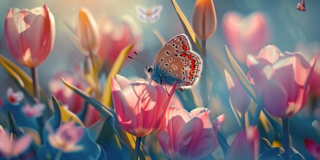 A butterfly is resting on a pink flower in a field of flowers