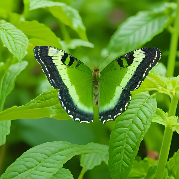 a butterfly is shown on a green leaf