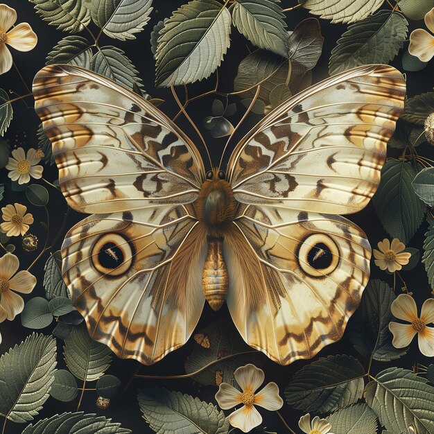 a butterfly is shown with leaves and flowers