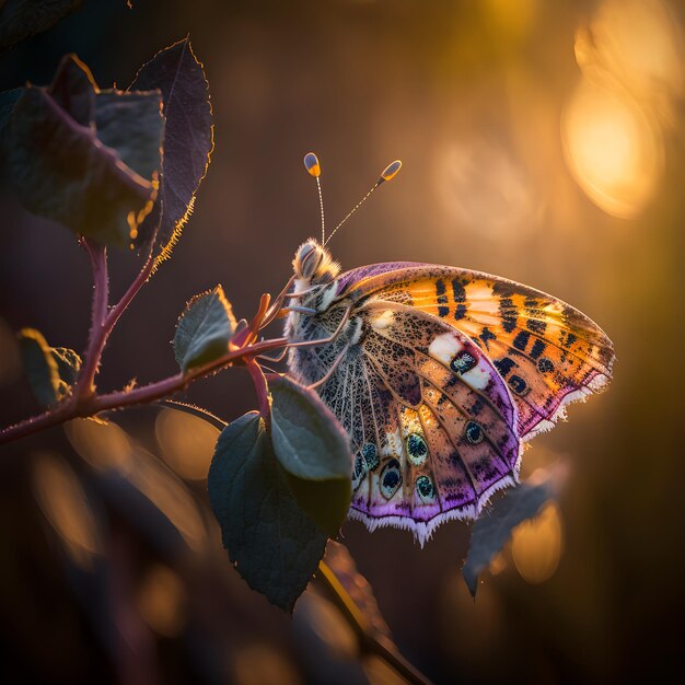 A butterfly is sitting on a plant with the sun shining on it.