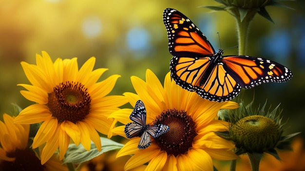Photo a butterfly is on a sunflower with a butterfly on the right