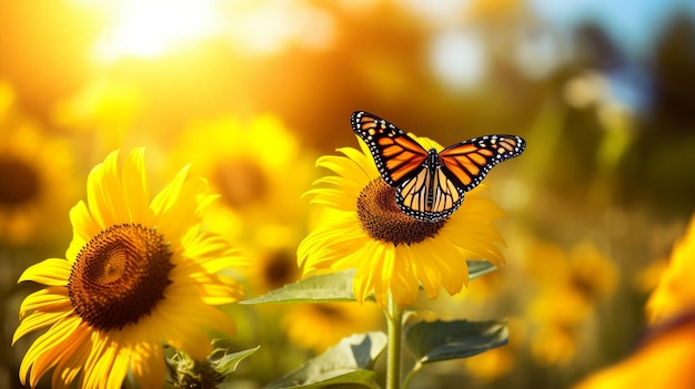 a butterfly is on a sunflower with the sun shining through the background