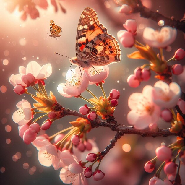 Photo a butterfly landing on a blooming cherry branch