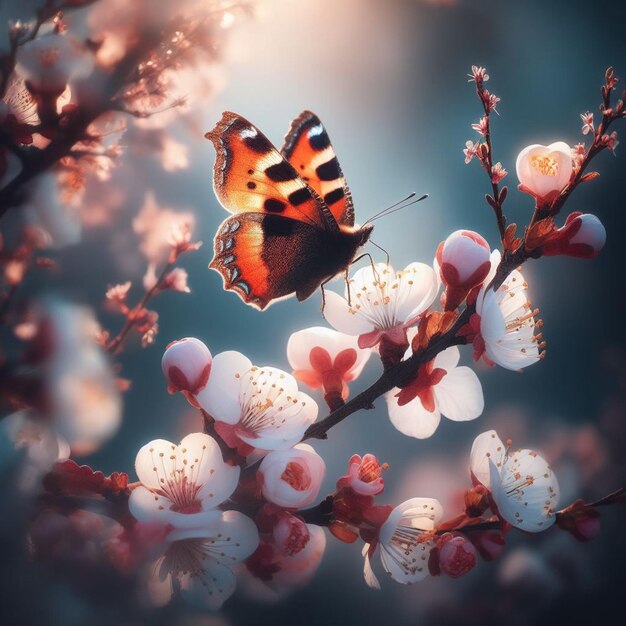 butterfly landing on a blooming cherry branch