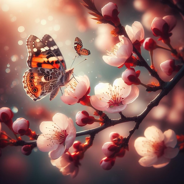 butterfly landing on a blooming cherry branch