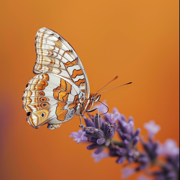 Butterfly on lavender with an orange background Concept of natures beauty and biodiversity