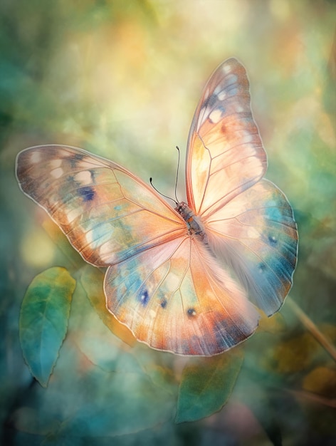 A butterfly on a leaf that is painted with the colors of the rainbow.