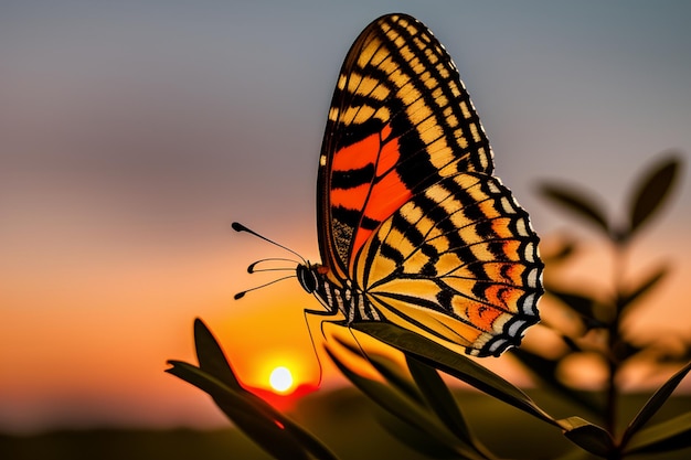 A butterfly on a leaf with the sun setting behind it