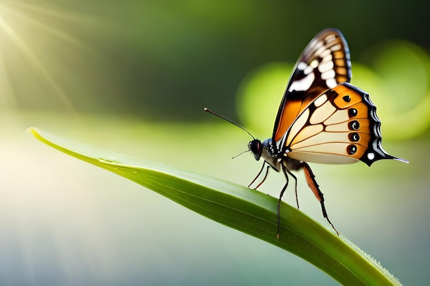 Бабочка на листе, на котором светит солнце