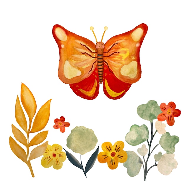 Butterfly leaves red flower simple design sketch. A watercolor illustration. Hand drawn texture.