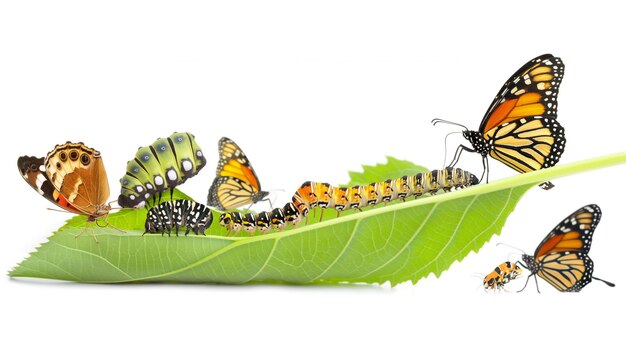 Стадии жизненного цикла бабочки на листе от гусеницы до хризалиса до взрослой бабочки
