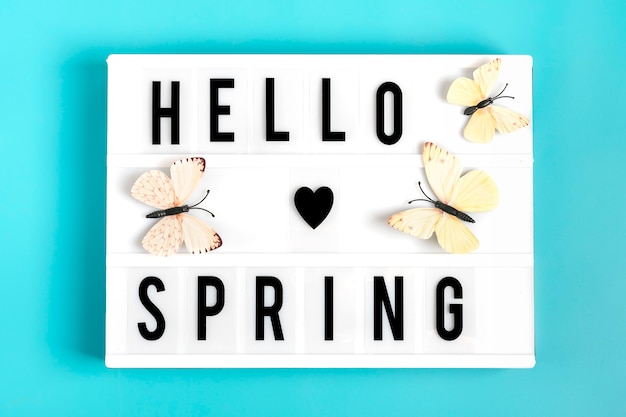 Butterfly, lightbox with quote Hallo lente op blauwe achtergrond Flat lag