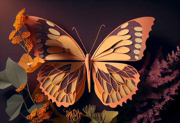 A butterfly made of paper with orange flowers on the top.