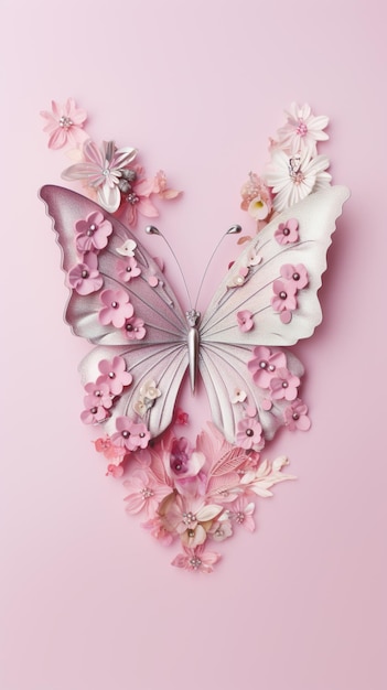 A butterfly made of paper with pink flowers on it