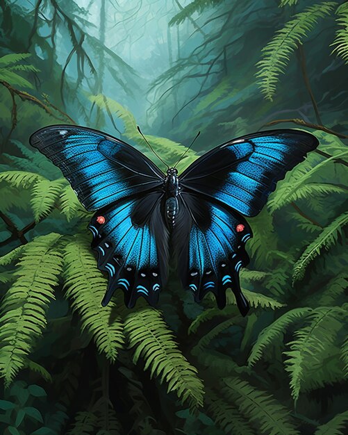 Butterfly in the middle of a fern forest with a blue and black butterfly generative ai