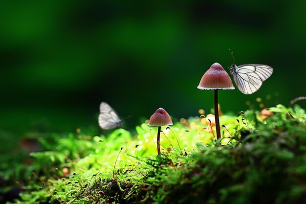 Farfalla sul fungo nella foresta, foto macro dell'immagine magica, primavera del paesaggio stagionale nel parco