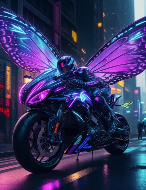 A butterfly navigating a neonlit highway on a futuristic motorcycle