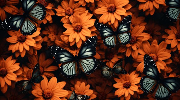 Photo butterfly on orange flowers background