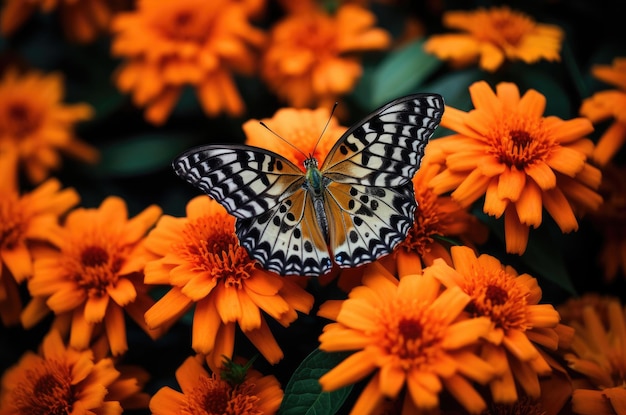 Butterfly on orange flowers background