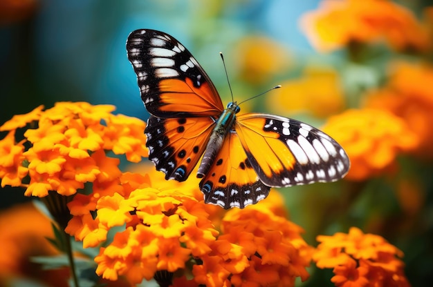 Butterfly on orange flowers background