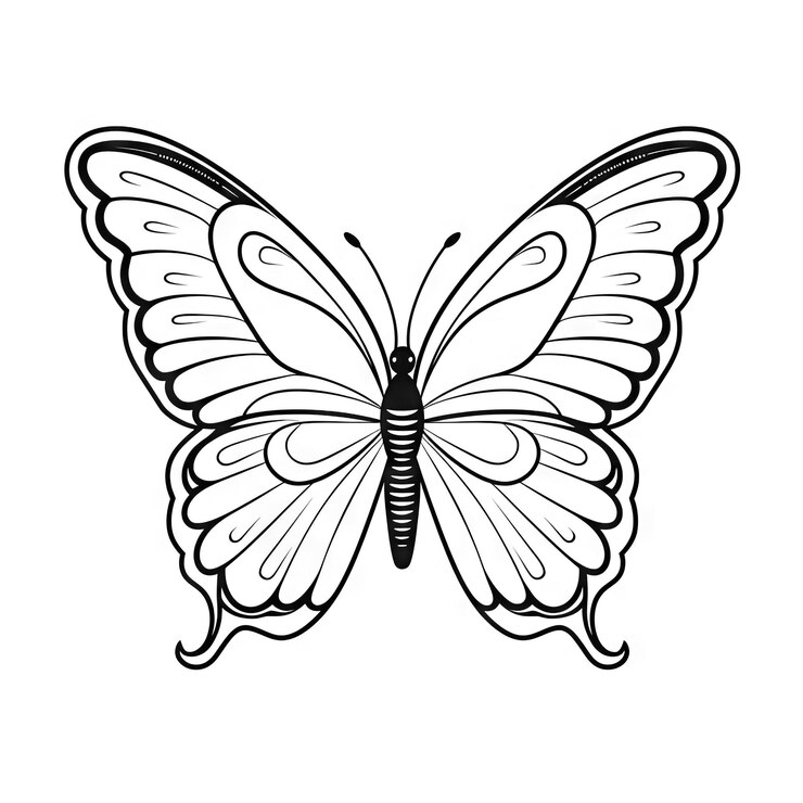 Photo butterfly outline with linear flat details coloring page