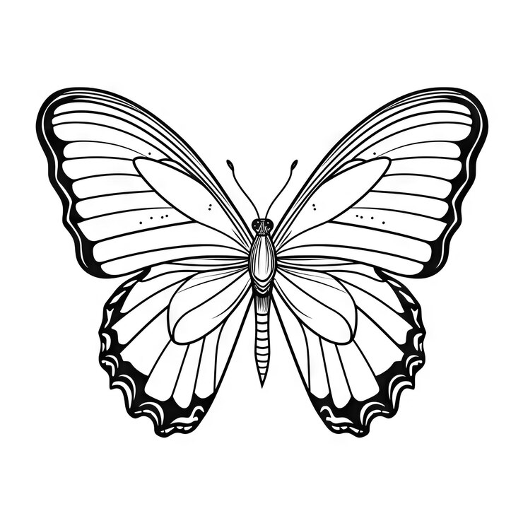 Photo butterfly outline with linear flat details coloring page