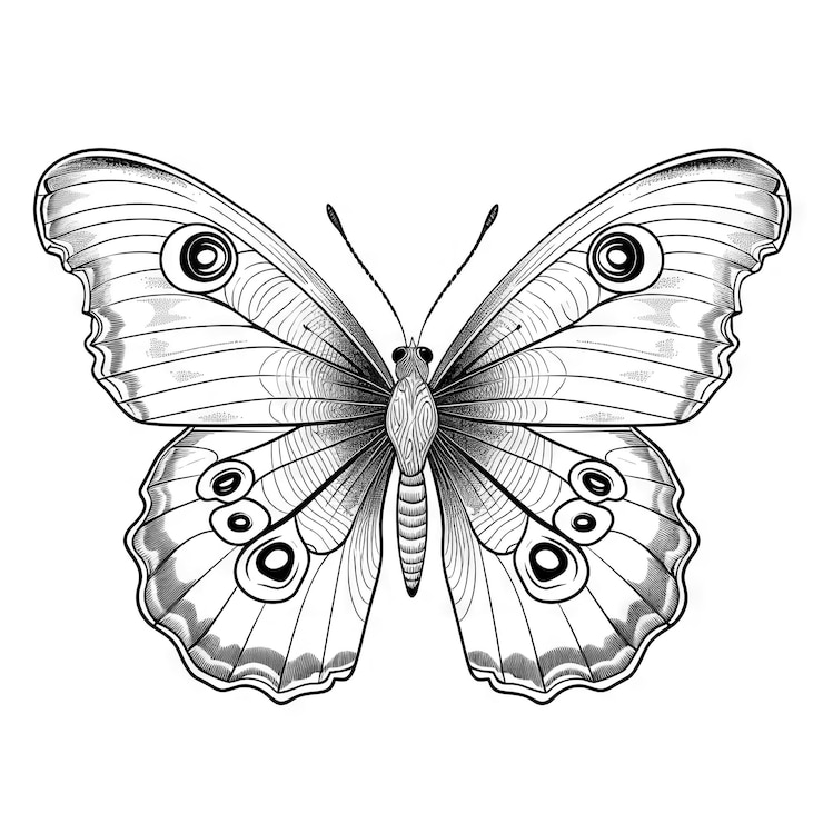 Photo butterfly outline with linear flat details coloring page
