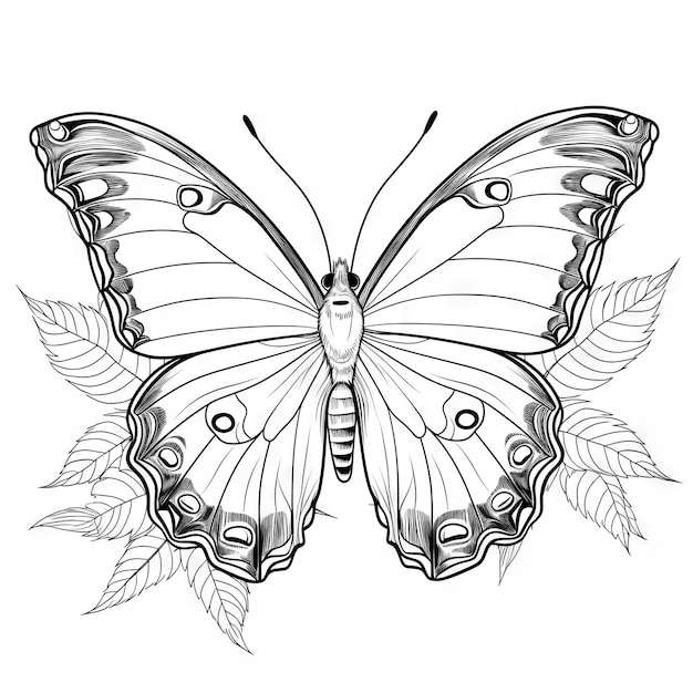 Photo butterfly outline with linear flat details coloring page