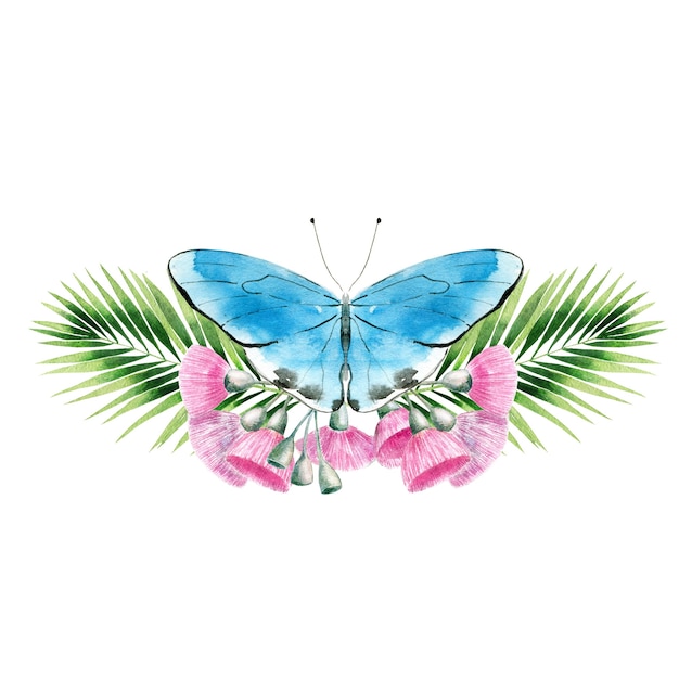 Бабочка в пальмовых листьях и цветках эвкалипта
