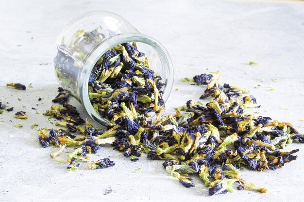 Butterfly pea flowers blue tea on a light background organic blue tea anchan clitoria