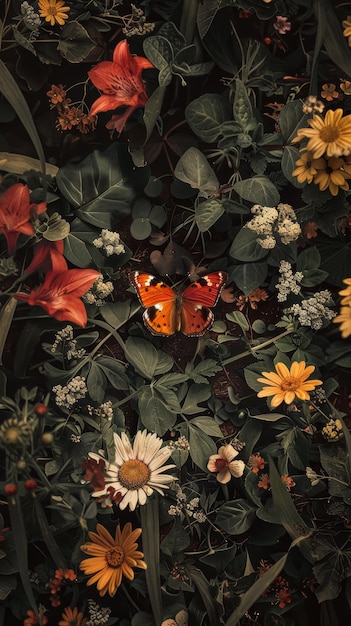 茂った庭の花の上に座っている蝶