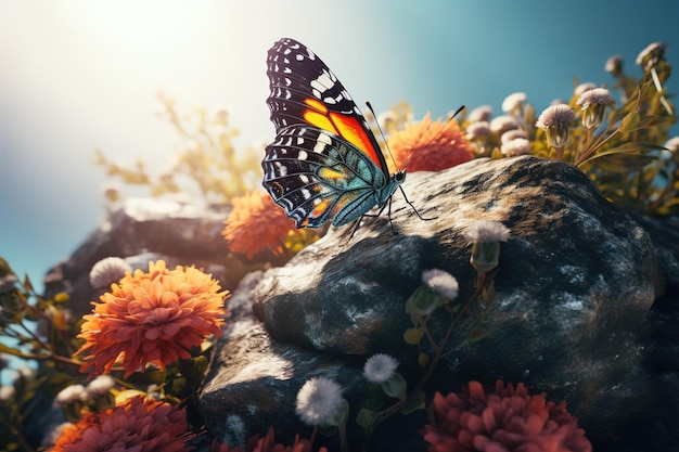 a butterfly perched on top of a rock and encircled on all sides by blossoms