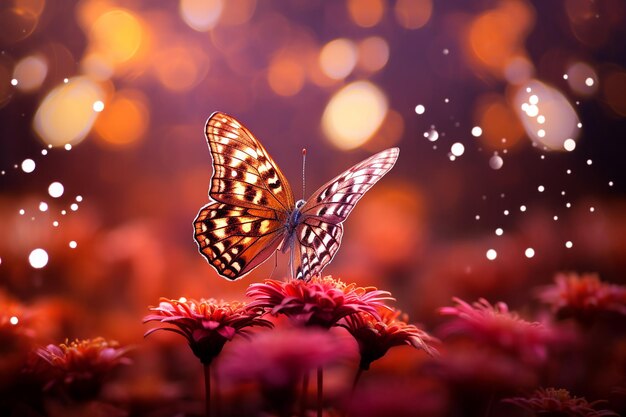 A butterfly perched on a vibrant flower with soft focus creating a dreamy atmosphere