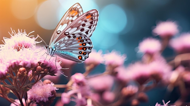 太陽が後ろに輝いているピンクの花に蝶