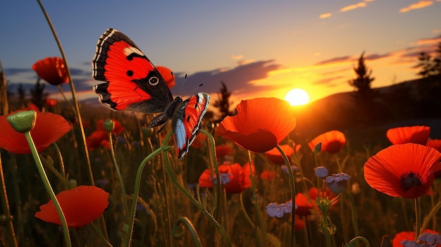 Butterfly and poppy at sunset 4k beauty