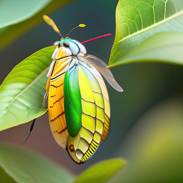 Butterfly pupa attach to leaf in nature green leaves background